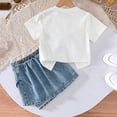 thumbnail image 4 of RMGVDSD Girls Outfits Set Girl Fashion Clothes Short Sleeve Bow T-Shirts With Pearl And Denim Skirt Shorts Two Piece Set Summer Casual Wear 5-6 Years, 4 of 5