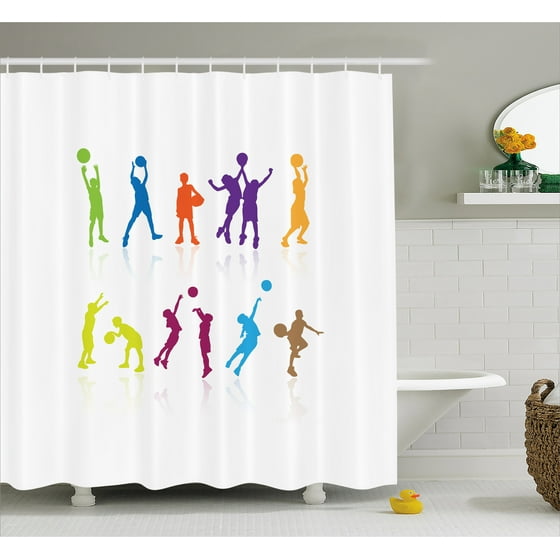 Youth Shower Curtain Colorful Silhouettes Of Children Jumping And Youth Shower Curtain Colorful Silhouettes Of Children Jumping And Playing Basketball With Reflections Fabric