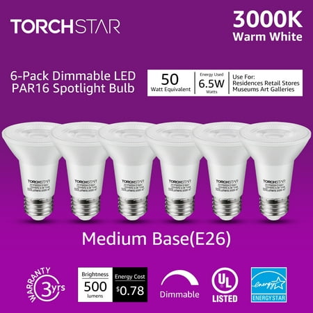 

TORCHSTAR PAR20 LED Bulbs Dimmable Outdoor / Indoor Flood Lights 6.5W =50W E26 Medium Base 3000K Warm White Pack of 6