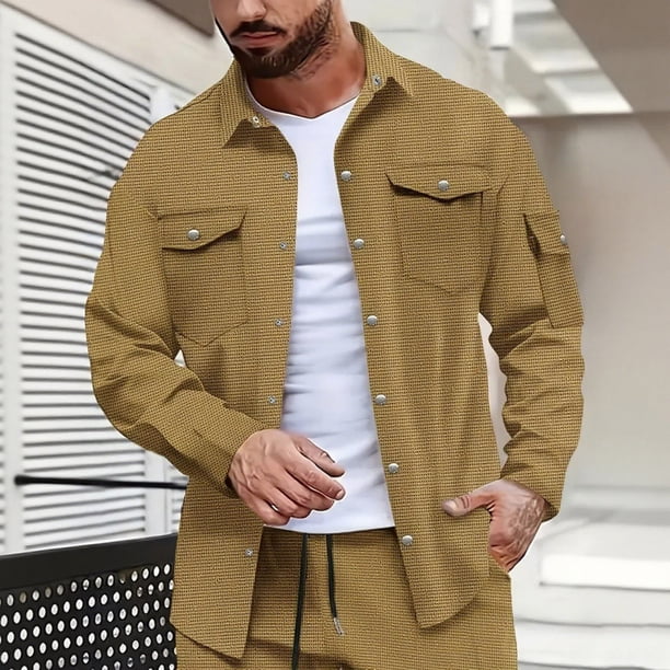 pstuiky camisas de hombre de manga larga, Chaqueta tipo cárdigan de manga larga con solapa y botones, color liso, para hombre, con múltiples bolsillos Tops casuales para hombres l