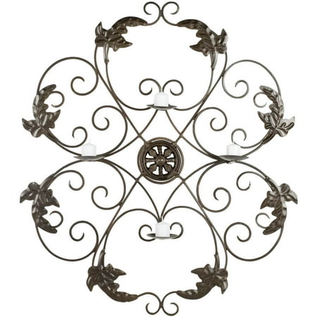 Ivy and Leaf Wrought Iron Medallion Candle Wall Sconce - 32.3H in.