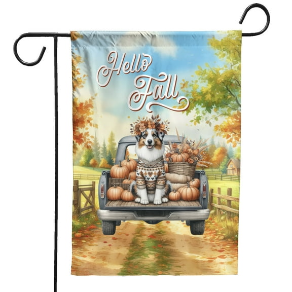 Hello Fall Autumn Australian Shepherd Pumpkins Pickup Truck Garden Flag 12x18in Double Sided Aussie Dog Lover Gifts Outdoor Decor - 13011