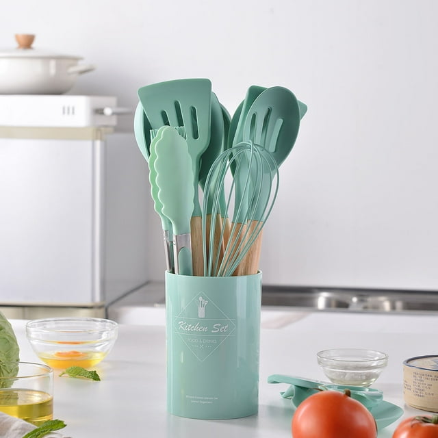 Meitianfacai Kitchenware Set Kitchenware For Cooking, Wooden Handle Kitchenware Set 12 Piece Round Barrel Set Non Stick Pot Cooking Spoon Kitchen Tools