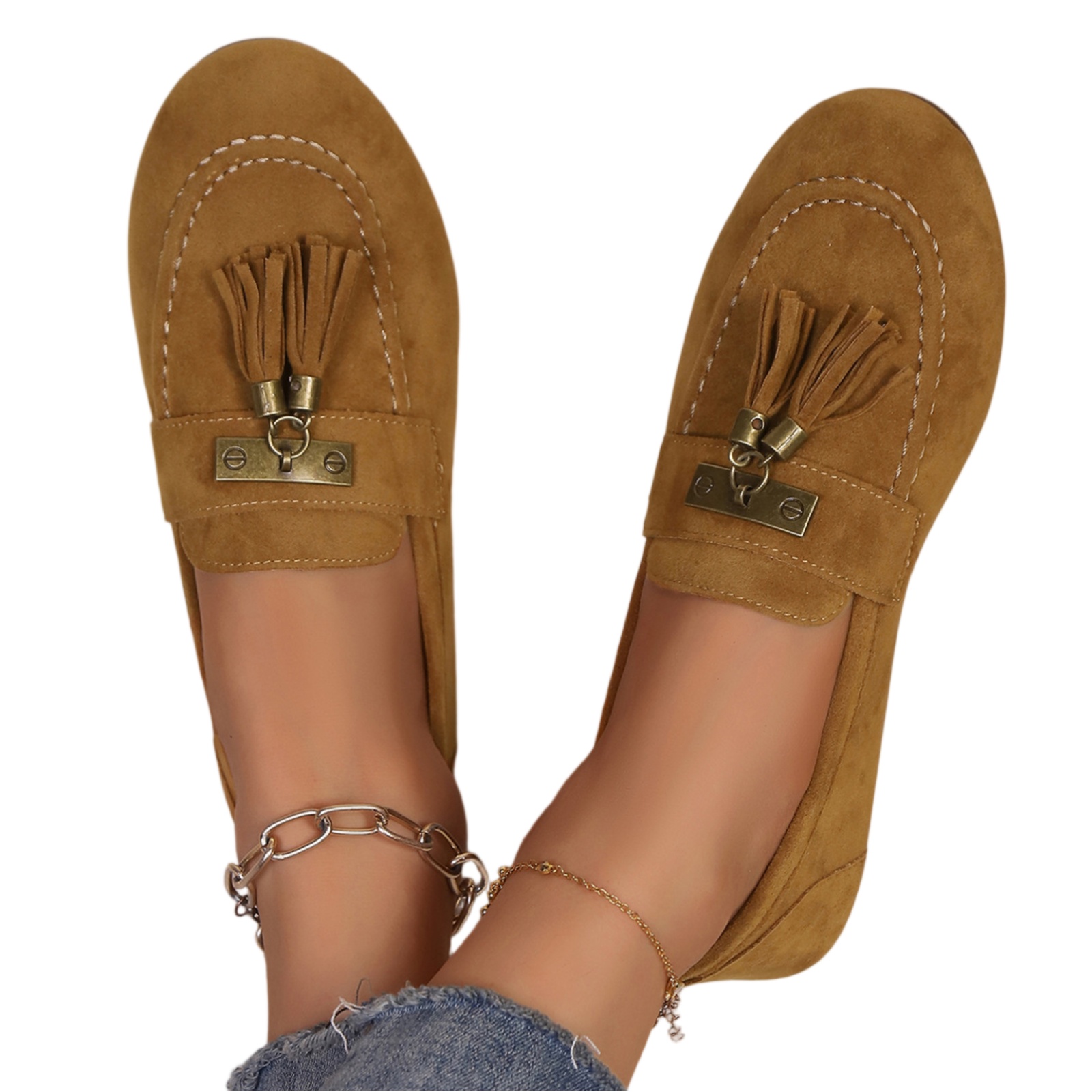 Mocasines Casuales de Entrada, Cómodos para Mujer, de Gamuza con Borlas, para Oficina y Conducir, Cómodos para el Verano, Camello 6.5 5