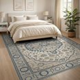 thumbnail image 3 of ODIKA 8'x10' Beige Blue Floral Medallion Design Washable Area Rug Elegant Ornamental Pattern with Borders Durable, Non-Slip for Living Room, Under Sectional, Family, 3 of 7