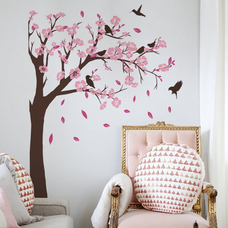 Purple Cherry Blossom Wall Decals With Birds - Peel & Stick Floral Tree Branch Stickers For Living Room, Bedroom Decor