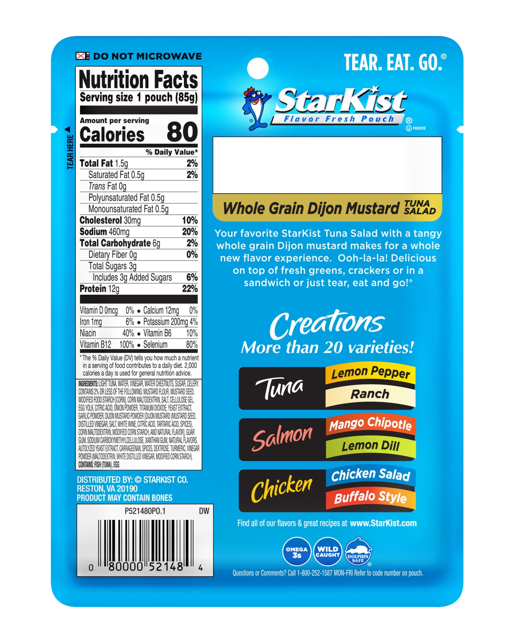 (3 pack) StarKist Tuna Creations Whole Grain Dijon Mustard Tuna Salad, Ready to Eat, 12g Protein, 3 oz Pouch
