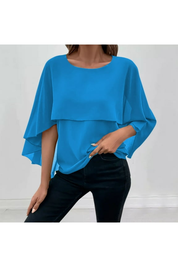 Women's Summer Tops Cape Sleeve Round Neck Solid Color Blouse