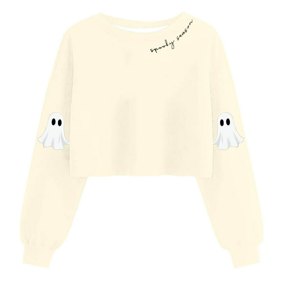 Lcziwo Womens Halloween Sweatshirt Cute Ghost Graphic Cropped Tops Lantern Long Sleeve Crewneck Sweatshirt Spooky Season Fall Fashion Pullover Beige,M