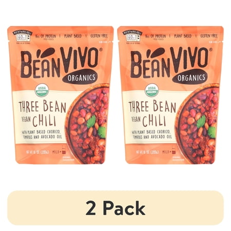 (2 pack) BeanVIVO Organics Three Bean Vegan Chili - Good Source of Fiber - Nutritious & Microwave Meals - Gluten-Free Plant Food - 10 oz Pouch