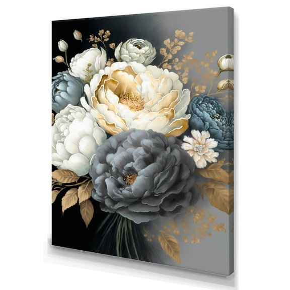 Designart White, Blue And Grey Peony Bouquet I Canvas Wall Art
