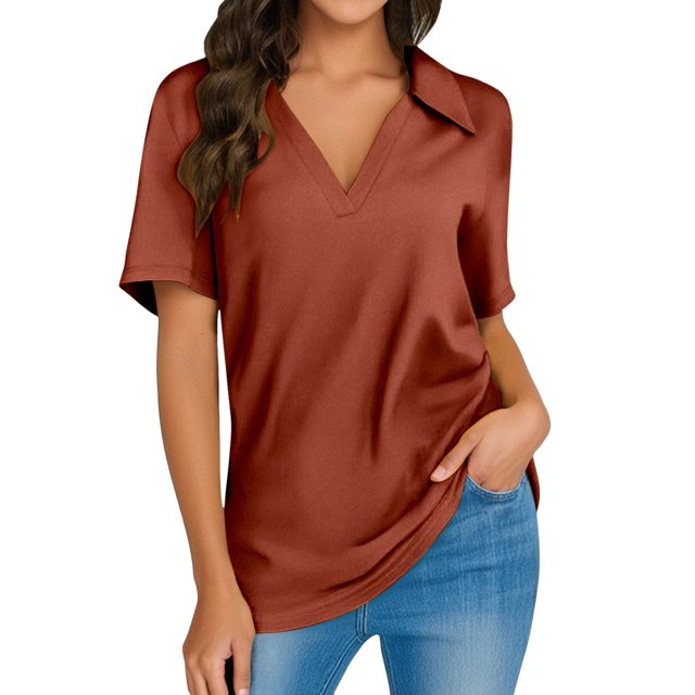 Hiiyo Polo à Manches Courtes Col en V pour Femmes T-Shirt de Travail Décontracté Basique, Marron m