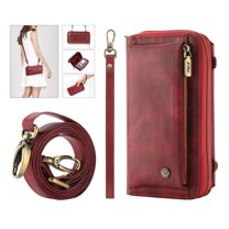 Mantto Zipper Bag Crossbody Wallet Case for iPhone 14 Pro Max 6.7 (2022) with 13 Card Slots Holder   2 Cash Pockets   Shoulder Strap   Wrist Strap  Purse PU Leather Impact Resistant Hard Cover, Red