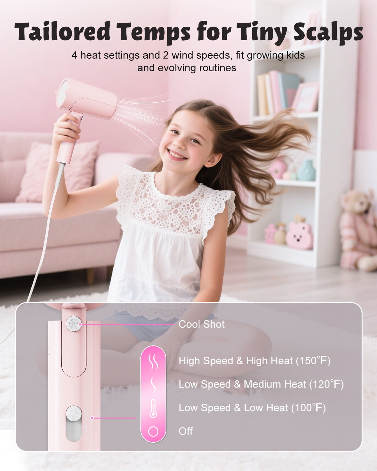 Feeka Children's Small Professional Ionic Hair Dryer, Foldable, High Speed, 100 Million Negative Ions, Mini Travel, Auto Shut-Off, Pink
