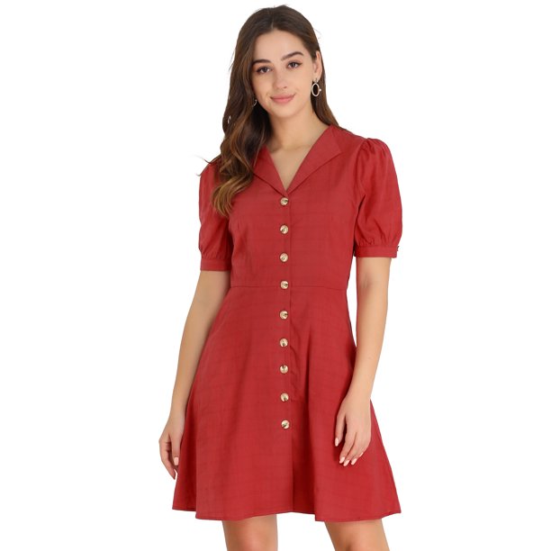 Allegra K Vestido Camisero Acampanado Abotonado Cuello Plano Manga Abullonada Corta De Algodón Con Bolsillo Para Mujer Borgo?a S