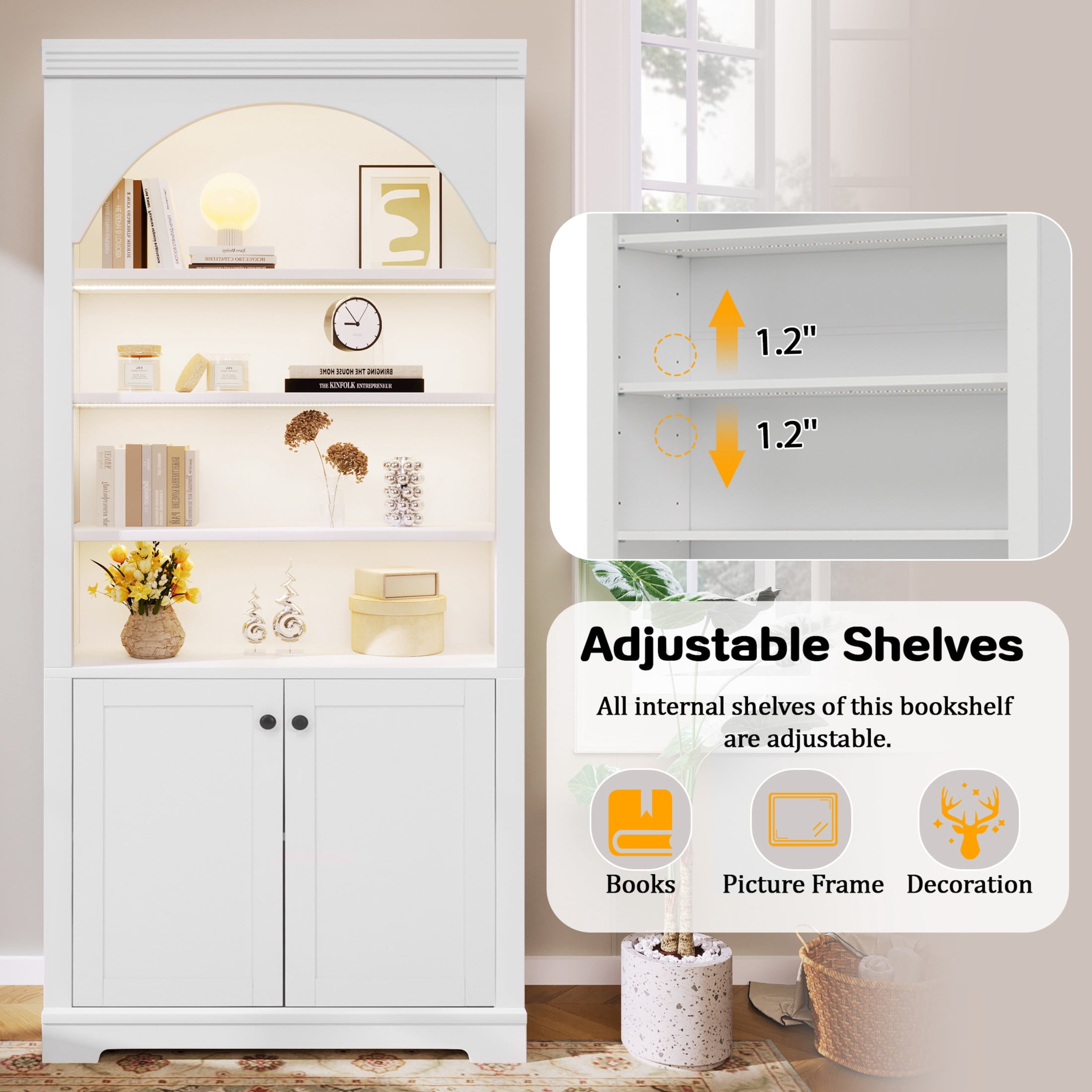 GDF Studio Arbor Arched Bookshelf with LED Lighting, Storage Cabinet & Adjustable Shelves for Home Office, White