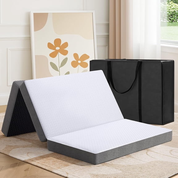 Trifold Mattress, 4 Inch Memory Foam Foldable Mattress with Washable Cover, Tri-Folding Floor Bed for Camping, Full