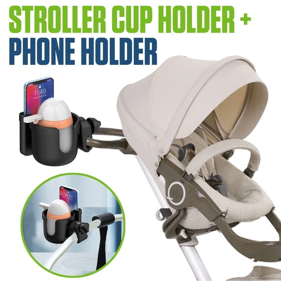 Universal 2-in-1 Stroller Cup Holder with Integrated Phone Mount