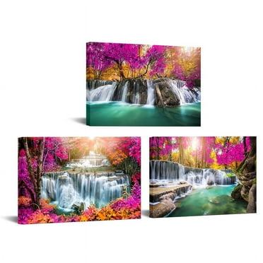 Visual Art Decor Canvas Wall Art Decor Turquoise Waterfall and Tropical Trees, 12"x16" Framed Painting, Set of 3