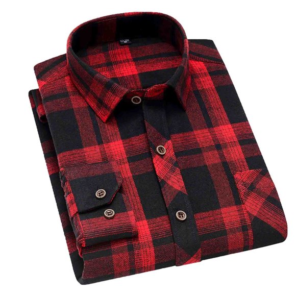 LNWUY Men's Casual Plaid Flannel Long Sleeve Button Down Shirts Classic Fit Versatile Business Work Lapel Shirt Red L