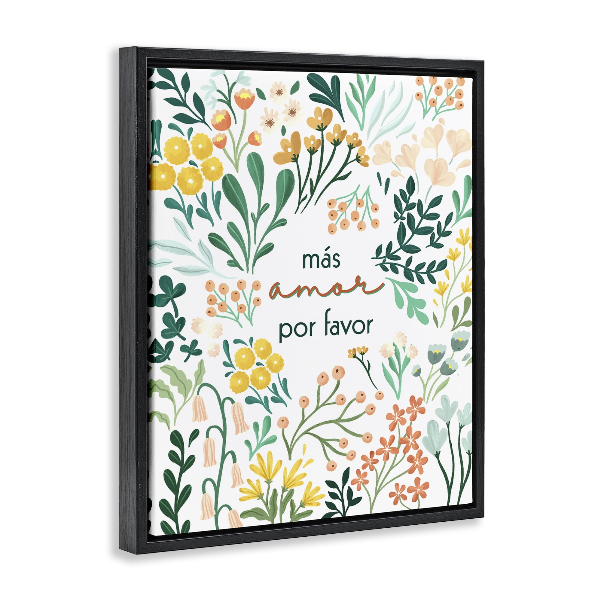Stupell Industries Más Amor Por Favor Flores Inspirational Quotes & Sayings Painting Black Floater Framed Art Print Wall Art, 17 x 21