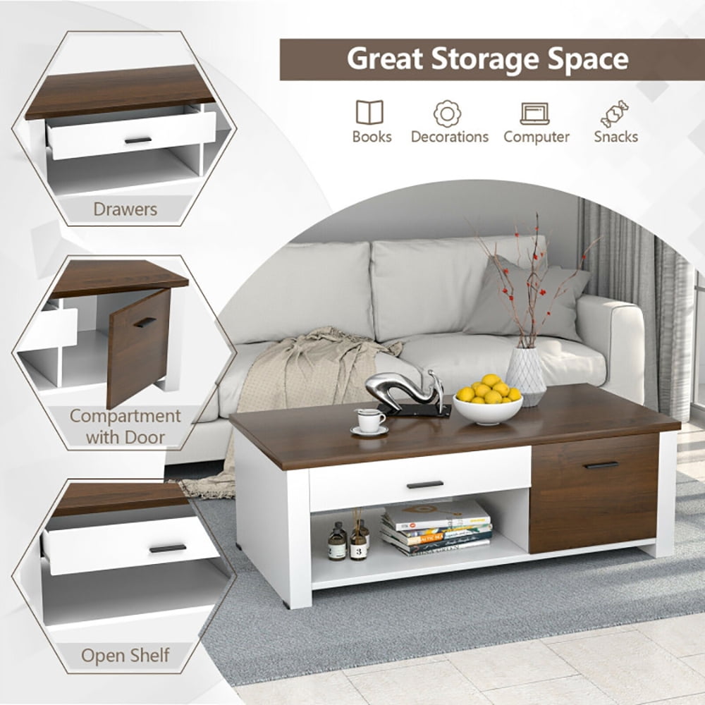 Finihen Rectangular Coffee Table, Modern Coffee Table with Front Back Drawers and Compartments, for Living Room, Reception Room, Office, Brown & white Finihen Rectangular Coffee Table, Modern Coffee Table with Front Back Drawers and Compartments, for Living Room, Reception Room, Office, Brown & white