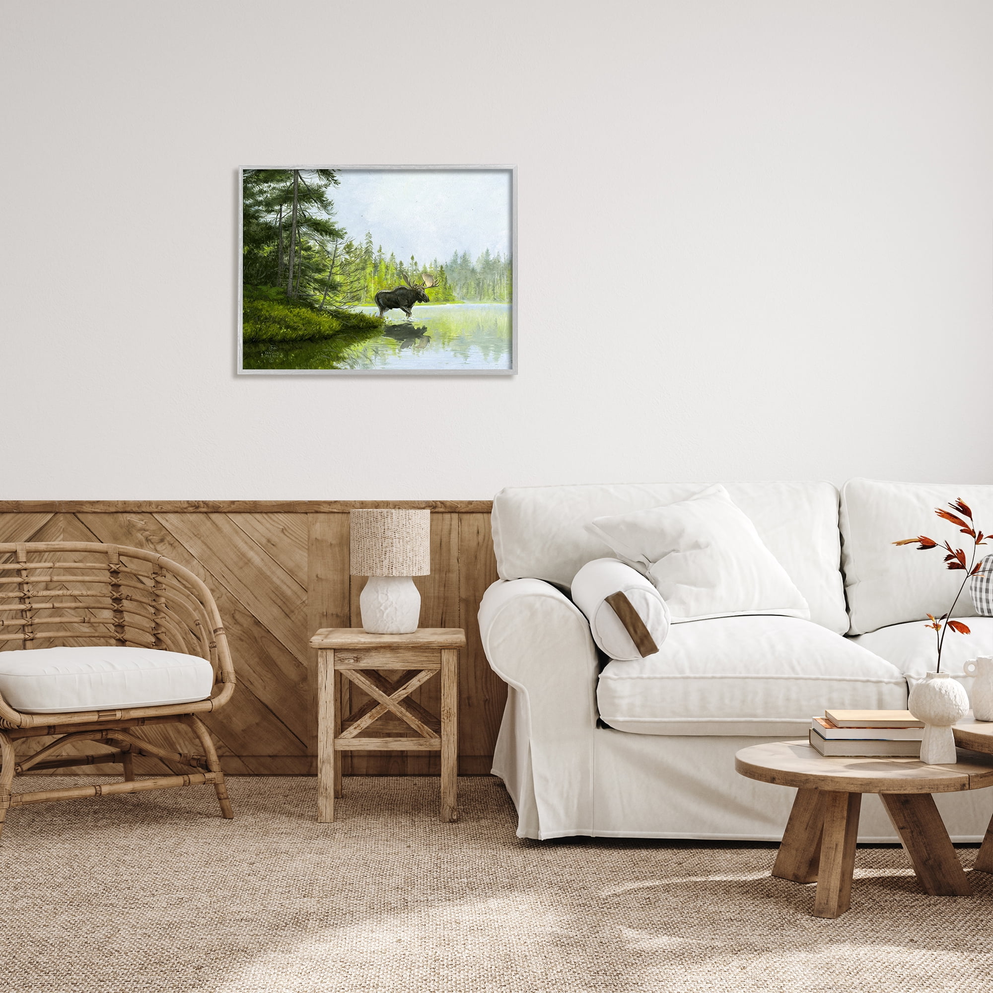 Stupell Industries Moose in Woodland Pond Nature Painting Gray Framed Art Print Wall Art, 30 x 24