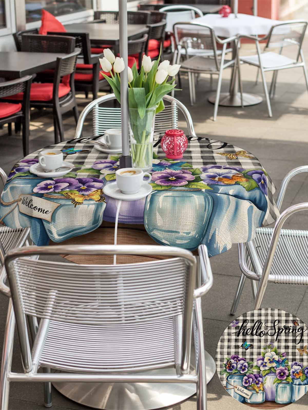 Hello Spring Outdoor Tablecloth - 54 Inch Round Dining Table Cover, Pastoral Purple Bottle Floral Black White Plaid Waterproof Outdoor Table Cloth with Umbrella Hole & Zipper for Picnic/Patio/Party