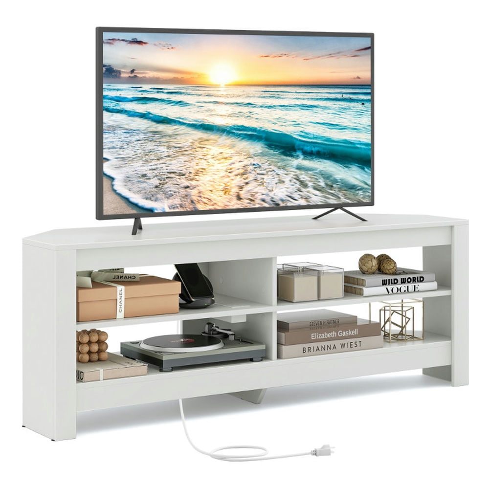 Finihen TV Stand, Entertainment Center, Corner TV Stand with Power Outlet and 4 Open Storage Shelves, for Living Room, White Finihen TV Stand, Entertainment Center, Corner TV Stand with Power Outlet and 4 Open Storage Shelves, for Living Room, White