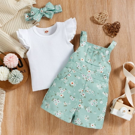 

TOWED22 Outfits For Toddler Girls Baby Girls Short Sleeve Romper Floral/Leopard Bodysuit Jumpsuit Shoes Headband 3Pcs Summer Outfit Green