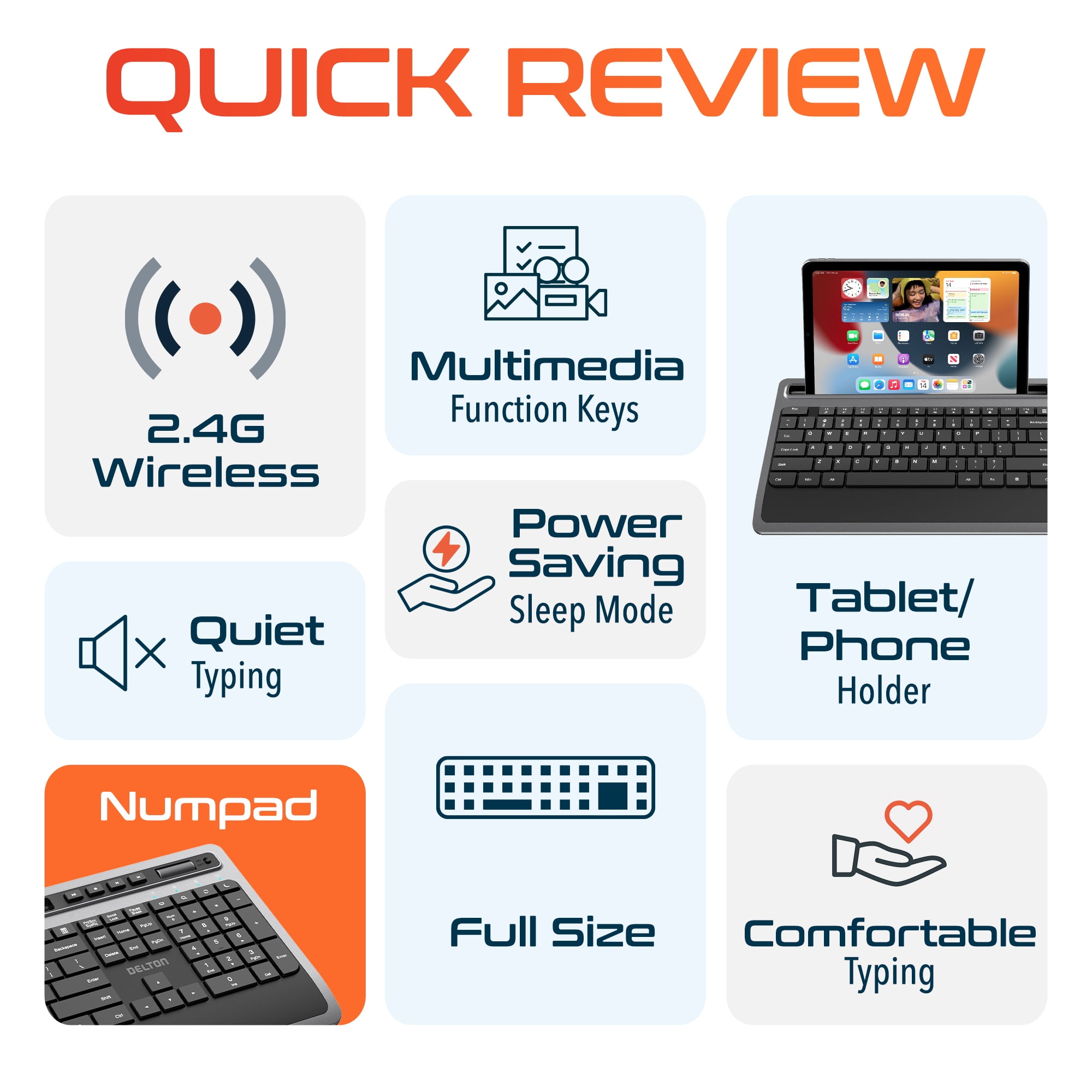 Delton T42 Ergonomic Wireless Keyboard with Phone/Tablet Holder, 2.4G Wireless Connection, Cordless Keyboard for Computer, Laptop, PC, Windows, MacOS and iOS - Black
