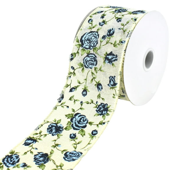 Blooming Rose Wired Canvas Ribbon, 2-1/2-Inch, 10-Yard - Blue
