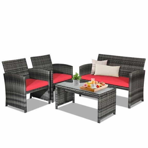 4 Piece Patio Rattan Furniture Set, Outdoor Wicker Conversation Set with Loveseat, 2 Chairs and Tempered Glass Coffee Table for Backyard, Balcony, Garden, Poolside Red