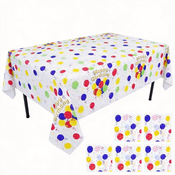 Happy Birthday Plastic Tablecloth 5-Pack 54x108 Inch Colorful Balloons Disposable Rectangular Waterproof Table Cover for Birthday Parties Picnic