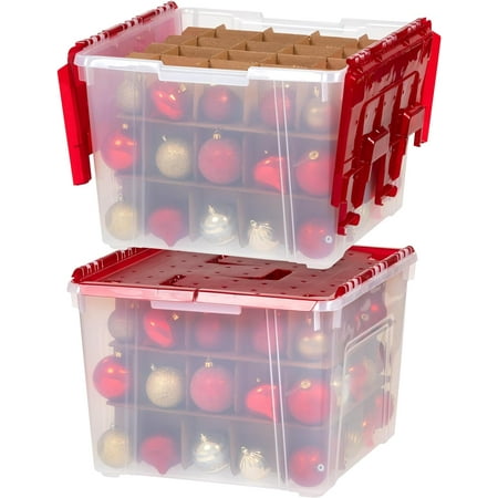 IRIS USA 2Pack 60qt Plastic Christmas Ornament Storage Box with Hinged Lid and Dividers Red Holiday Color