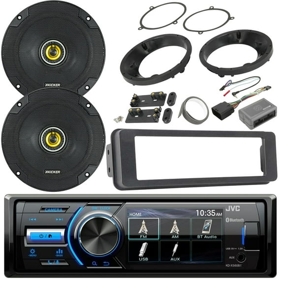 MotorSports Marine Single DIN AM/FM USB AUX Bluetooth Digital Media Radio, Kicker 600-Watt 6.5" CS-Series 2-Way Car Coaxial Speakers (Pair), Harley 98-2013 Install Adapter Kit