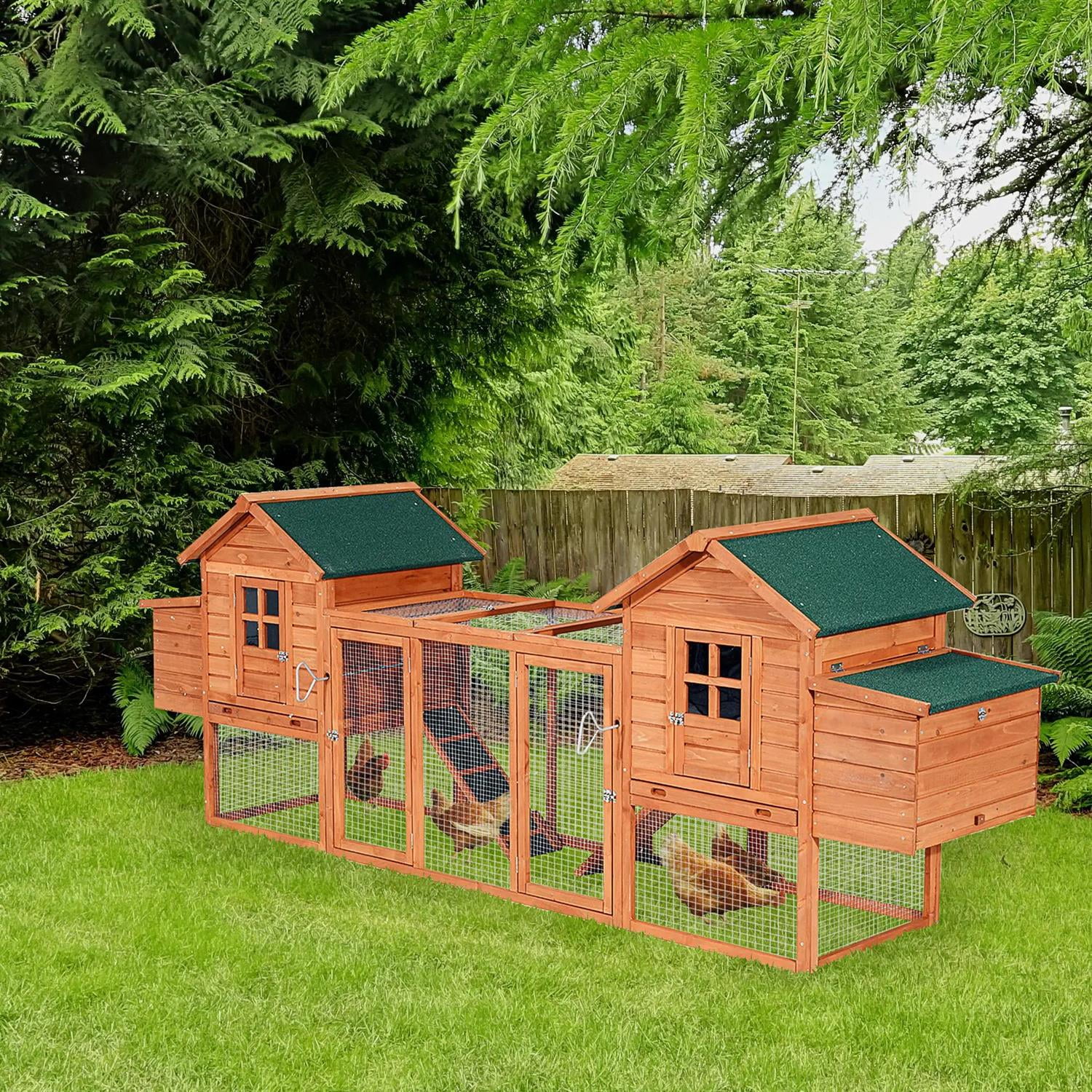 Pefilos 124" Outdoor Wooden Dual Chicken Coop with Nesting Box, Runs, Farm Hen House 3-6 Hens, Weatherproof Pet House for Rabbits, Poultry, Orange