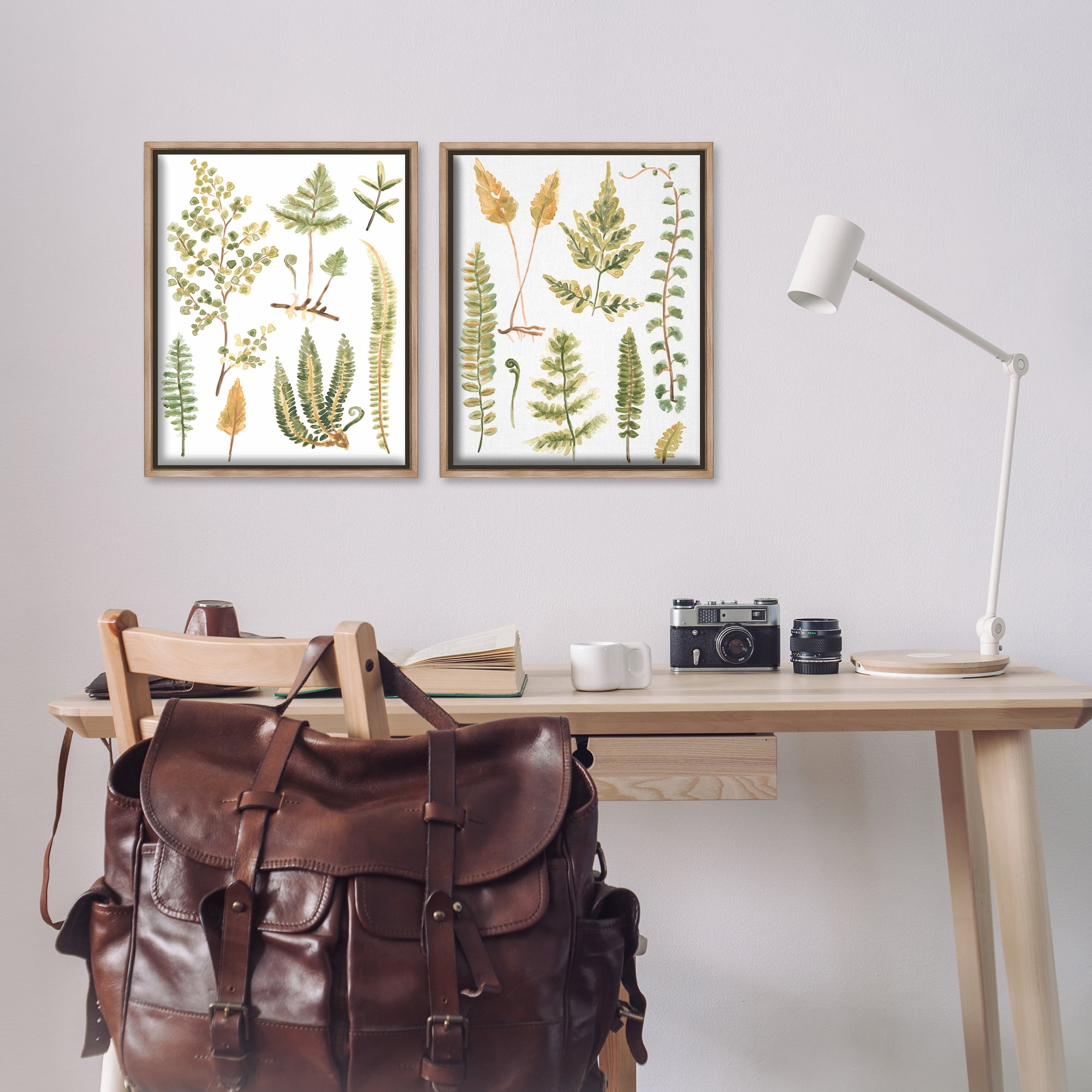 Stupell Industries Watercolor Fern Leaves Plants & Flowers Painting Brown Floater Framed Canvas Art Print Wall Art, 17 x 21, Set of 2