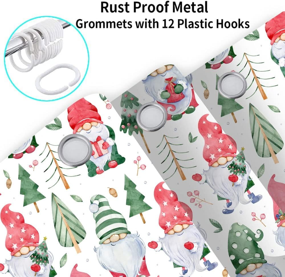 Cute Gnome Christmas Shower Curtain Gnomes Holding Xmas Gifts Bathroom Curtain Farmhouse Christmas Pine Tree, Winter Holiday New Year Bathroom Accessories with Hooks 72x72IN