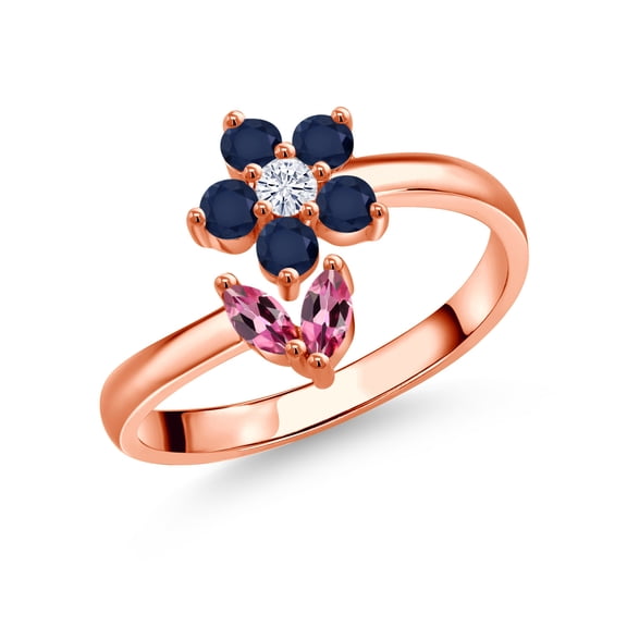 Gem Stone King 18K Rose Gold Plated Silver Pink Tourmaline Blue Sapphire and White Moissanite Flower Open Ring for Women (0.51 Cttw, Gemstone October Birthstone, Size 8)