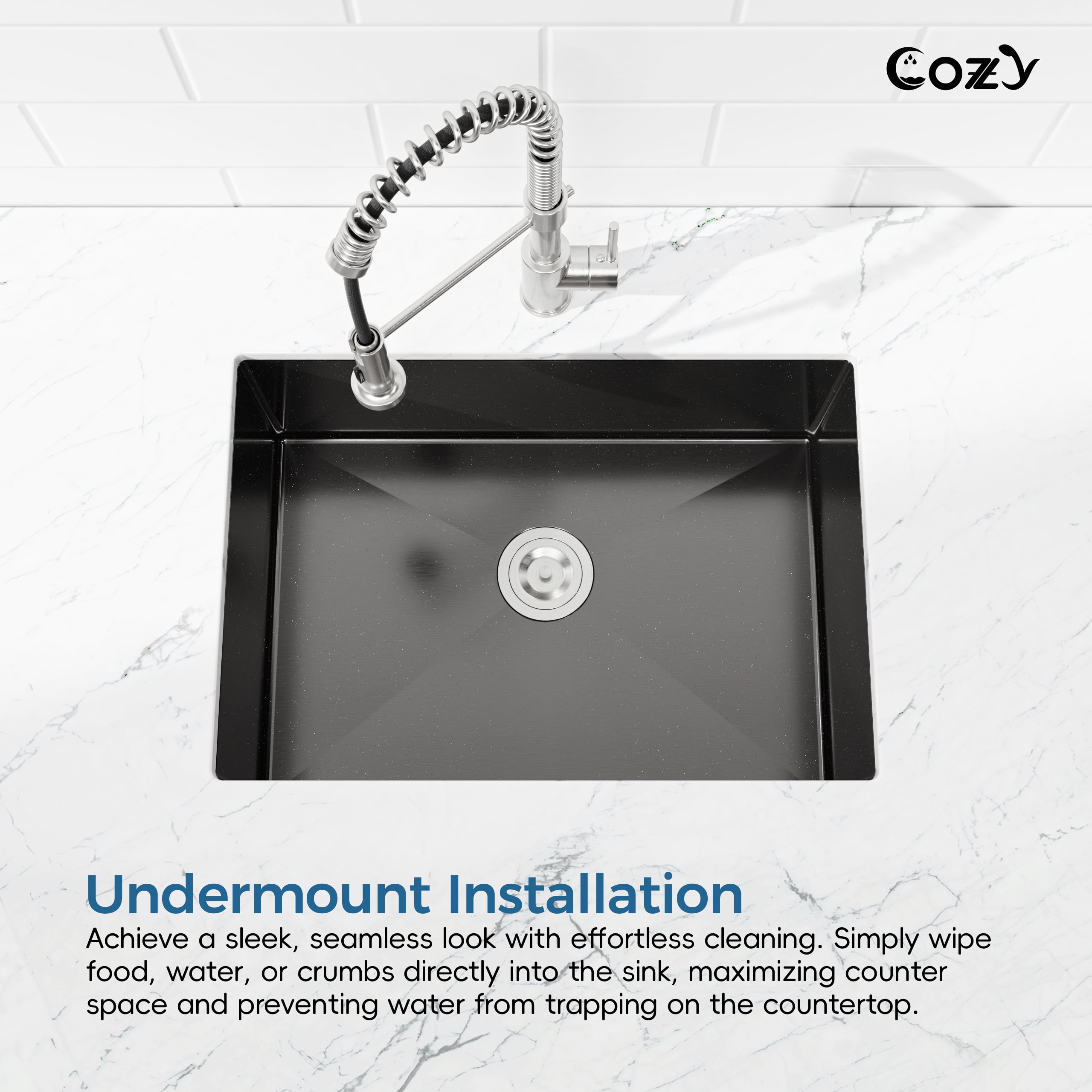27x19 inch Black Stainless Steel Single Bowl Undermount Kitchen Sink with US Standard Drain and Hook, Model SS-BL04D-271908