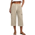 thumbnail image 2 of KIHOUT Women Summer Waffle Knit Cargo Capri Pants Drawstring Waistband Casual Loose Fit Pockets Solid Color Soft Stretch Cropped Wide Leg Trousers for Daily, 2 of 7