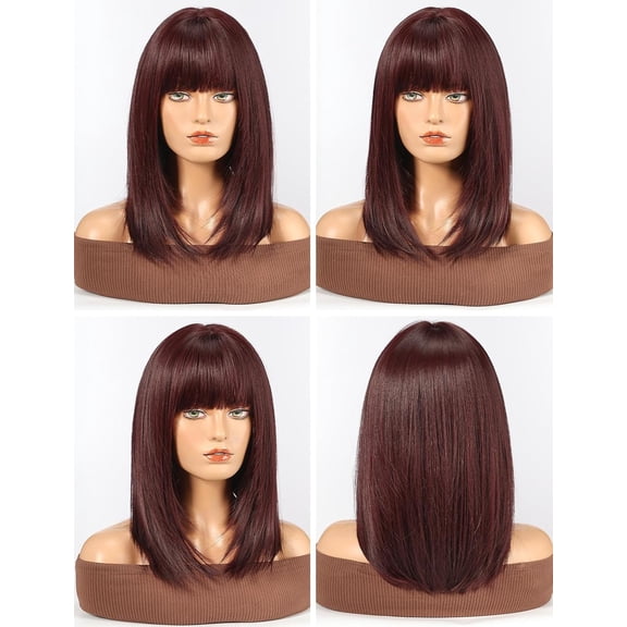 SHILIU-Staright Wig with Bangs Synthetic Mid-length Layered Wigs for Women Wine Red Color