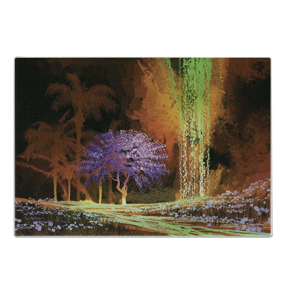 Fantasy Cutting Board, Digitally Saturated Tropical Scene in Extreme Haze Tones Exotic Abstract Art, Decorative Tempered Glass Cutting and Serving Board, Small Size, Multicolor, by Ambesonne