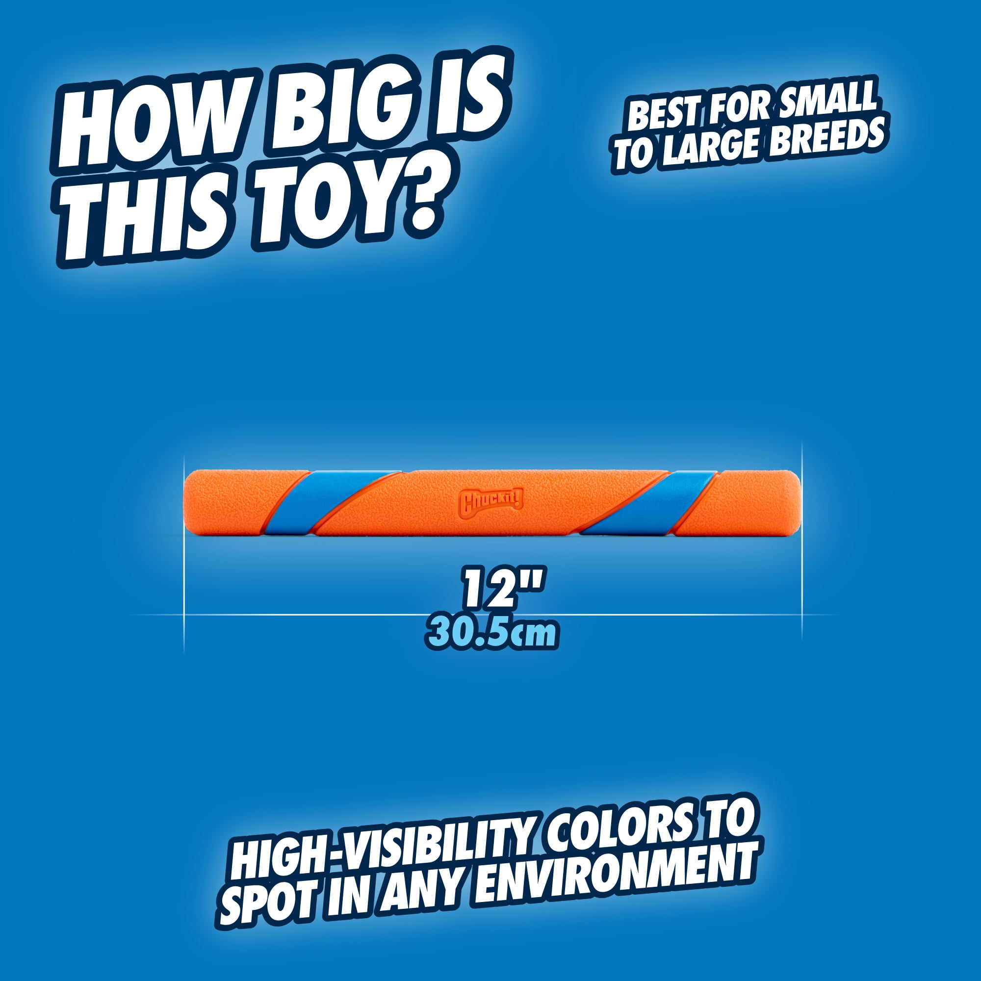 (3 pack) Chuckit! Ultra Fetch Stick Durable Rubber Interactive Outdoor Fetch Dog Toy, 12" for Dogs 10 to 120+ lb All Breeds, Orange and Blue, Pack of 1