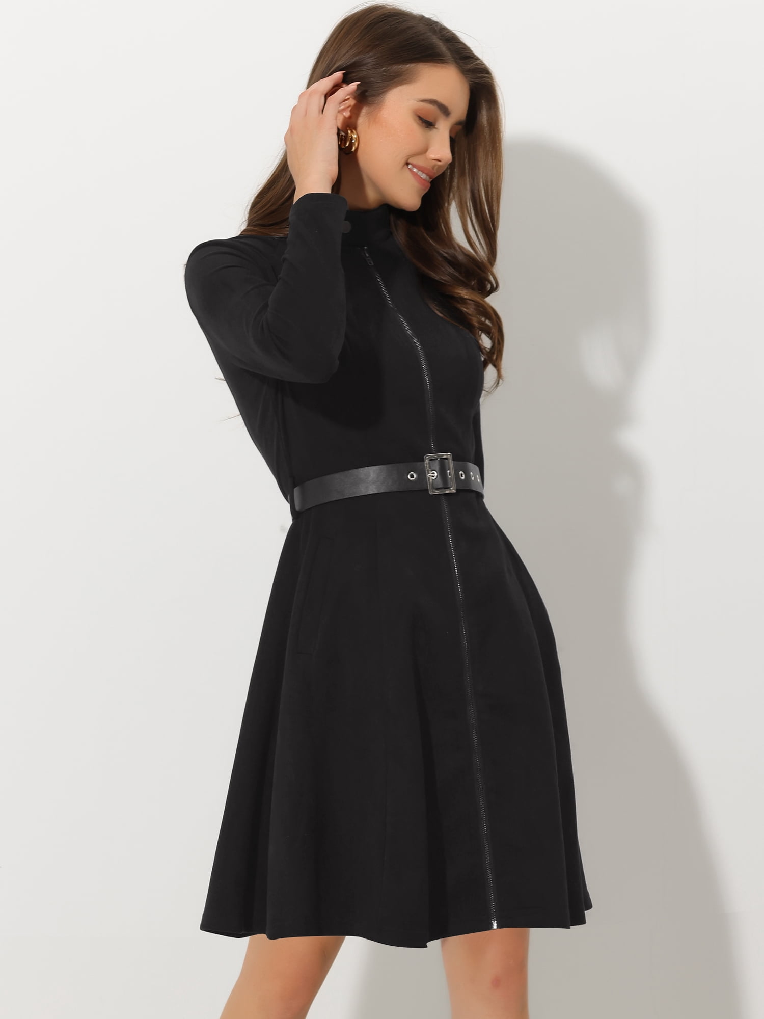 DARING DIVA Faux Suede Stand Collar Zip Up Belted Dress XL Black