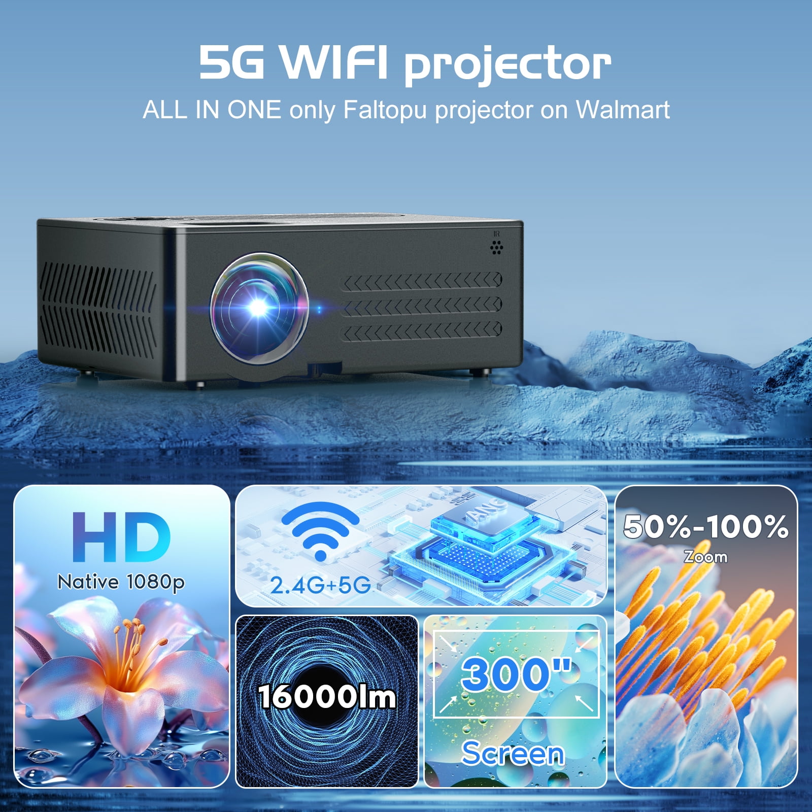 Faltopu 5G WiFi Bluetooth Projector Native 1080P Support 4K outdoor Movie Projector, 16000LM Full HD Compatible with iOS/Android/PC/TV Stick/HDMI/USB (Projector Screen and Carry Bag Included)