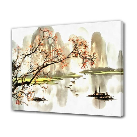 Chinese Style Ink Painting Landscape Boat Decorative Painting Canvas Poster Bedroom Decor Sports Landscape Office Room Decor Gift,Frame-style,12x18inch(30x45cm)