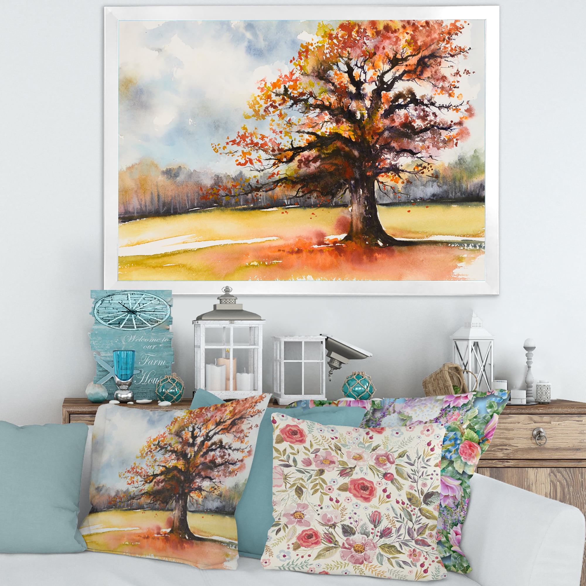 Designart 'Lone Oak Tree In The Fields With Autum Leaves' Traditional Framed Art Print