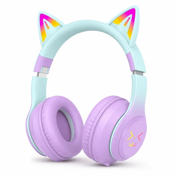 LUEYL Cat Ear Bluetooth Headphones for Kids, LED Lights, 74/85dBA Volume Limit, Built-in Mic, Foldable Over-Ear Wireless or Wired Headset for School, Music, Travel and Gaming, Purple and Mint